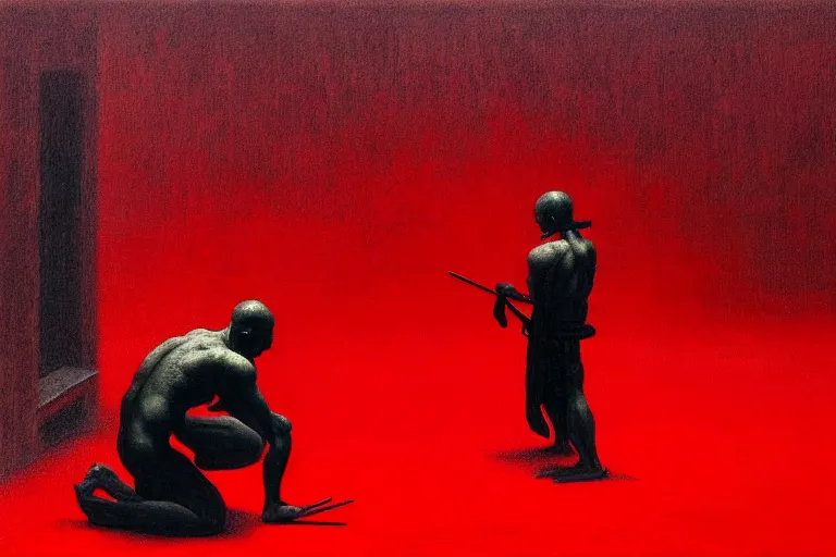 Image similar to only with red, a red samurai do seppuku, tokio, a lot of frogs watch, in the style of beksinski, parts by edward hopper, parts by rodcenko, parts by yue minjun, intricate and epic composition, red by caravaggio, insanely quality, highly detailed, masterpiece, red light, artstation, 4 k