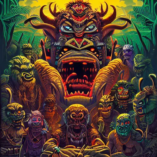 Prompt: barong family, wiwek, mara demon, one single tribe member, jungle, one single mask, dark, ancient warrior, stupid dump gorilla, tribal, inner glow, art by dan mumford and justin gerard