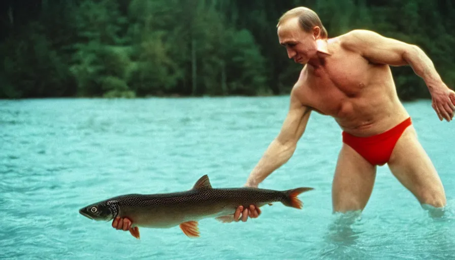 Prompt: 7 0 s movie still of putin in speedo, catching a salmon with his hands, focus on face. cinestill 8 0 0 t _ 3 5 mm eastmancolor, heavy grain, high quality, high detail