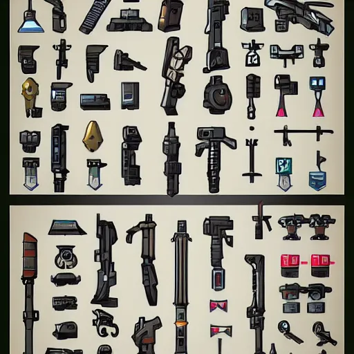 Prompt: futuristic icons of weapons from an RPG looter-shooter game, in the style of fortnite