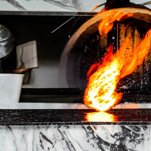 Prompt: Action photo of a pizza dough spinning in the air. The spinning pizza dough is hovering over the black reflective marble workbench. Flour dust in the air. Tomato and basil sitting on the workbench. Flames in the background. Backlit.