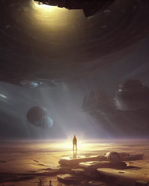 Image similar to A matted painting of humanoid Aliens of the Sun on a spaceship environment with expansive views of space, inspired by greg rutkowski and Keith Mallett, digital art, extremely moody lighting, glowing light and shadow, atmospheric, shadowy, cinematic