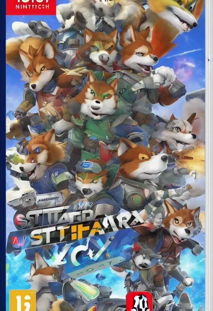 Image similar to nintendo switch box cover of a new starfox spinoff action game featuring anthro fursona furry wolf o'donnell and his space cadet crew, rated t for teen