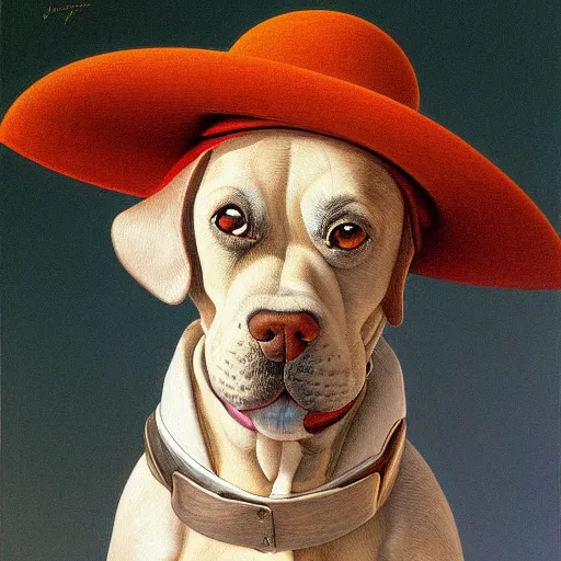 Prompt: funny dog in hat concept by jean giraud, yoshitaka amano, asher brown durand, james gurney, george stubbs oil on canvas