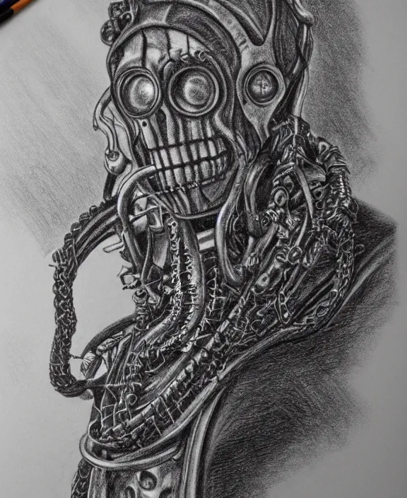 Image similar to a detailed pencil portrait of a steampunk davy jones