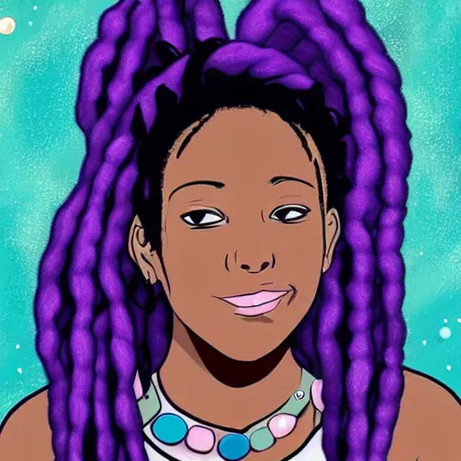 Image similar to black woman with purple dreads in space in the style of ghibli