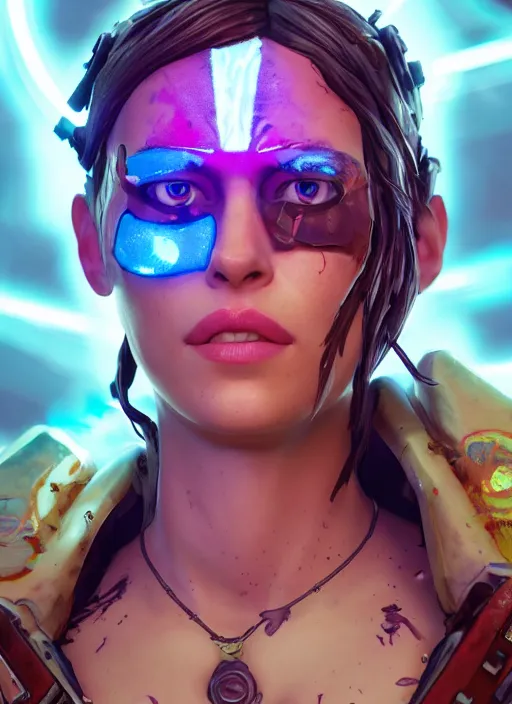 Prompt: glowwave portrait of dakota johnson from borderlands 3, au naturel, hyper detailed, digital art, trending in artstation, cinematic lighting, studio quality, smooth render, unreal engine 5 rendered, octane rendered, art style by klimt and nixeu and ian sprigger and wlop and krenz cushart.