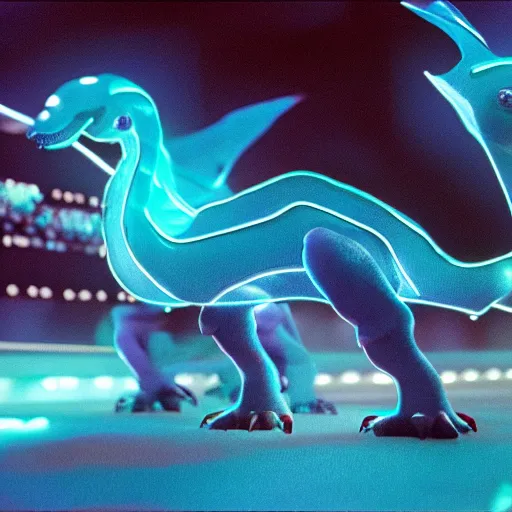 Prompt: electric blue glowing baby dinosaurs in tron movie, cinestill