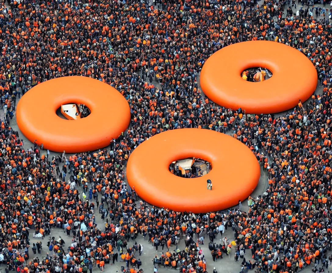 Image similar to a huge orange ring which is used for transport, in front of it are many people that want to travel with it, they have to hop on a giant moving floor to reach the ring