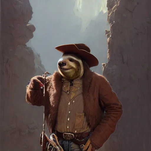 Image similar to detailed concept art of a sloth dressed as an old west prospector, artstation, award - winning realistic concept art by jim burns and greg rutkowski, beksinski, a concept art masterpiece, red color palette, james gilleard, bruegel, alphonse mucha, and yoshitaka amano.