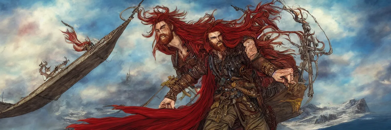 Image similar to colored pencils an epic fantasy comic book style painting of a long haired, red headed male sky - pirate in front of an airship, fine details, concept design, contrast, kim jung gi, pixar and da vinci, trending on artstation, 8 k, ultra wide angle
