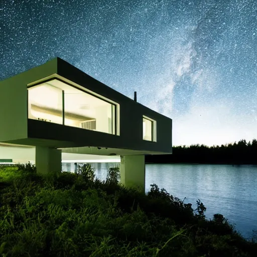 Image similar to atmospheric cozy futuristic organic white concrete house in the middle of a lush and dense forest at night, a beautiful lake next to it, night time, night sky, starry night sky