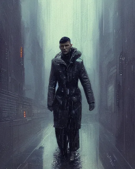 Image similar to detailed portrait bladerunner movie scene European Pretty Young Girl Storm Rain movie Jacket coat, Futuristic sci-fi fashion, royal attire by ismail inceoglu dragan bibin hans thoma greg rutkowski Alexandros Pyromallis Nekro Rene Margitte illustrated Perfect face, sharp chine, fine details, realistic shaded, fine-face, pretty face cyberpunk, neotokyo, synthwave, aesthetics, futuristic, low-emission-neon