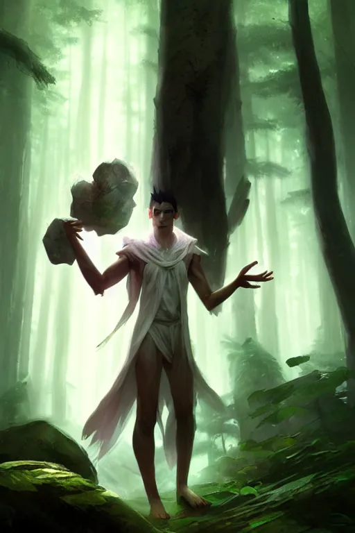 Image similar to a human elemental sorcerer, forest setting, colorful magic, male, white skin, young, sharp focus, concept art, dynamic lighting, unreal engine, by greg rutkowski, emylie boivin and kyle herring