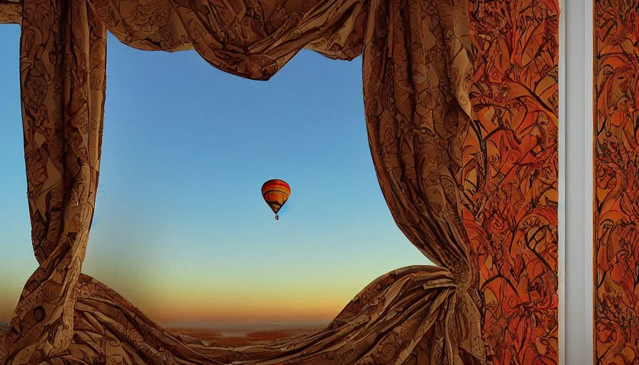 Prompt: a huge standalone hyperrealistic photorealistic hyperdetailed window reflecting a minimalist balloon at sunrise, seen from the distance. art nouveau rococo baroque in the style of caravaggio and botticelli. unexpected elaborate maximalist fabric elements hd 8 x matte background in vibrant vivid natural interesting colour textures