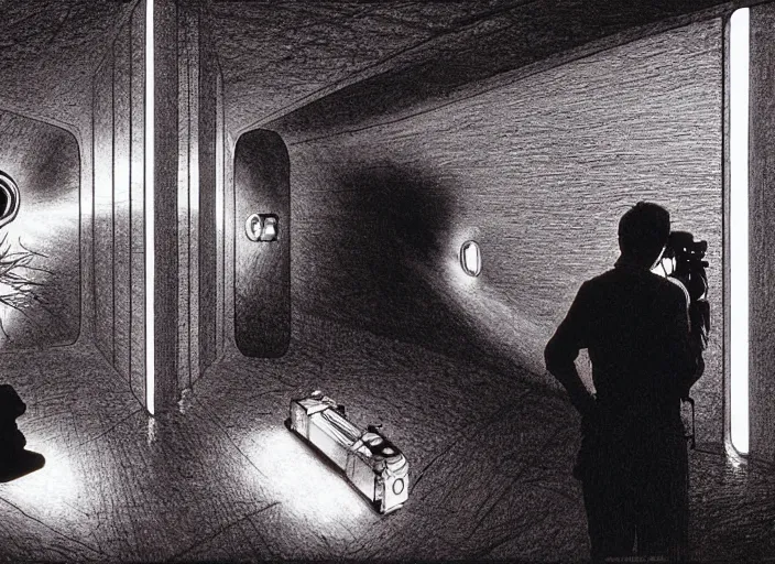 Prompt: cameras with eyes as lenses film a frightened couple embracing by John Howe and Stanley Kubrick, sci-fi, 2001, a space odyssey, reimagined by industrial light and magic