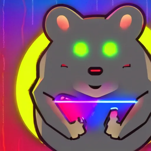 Image similar to cyberpunk hamster! holding rainbow! gem! crystal, neon lights, light reflection, logo, 8 k, hd