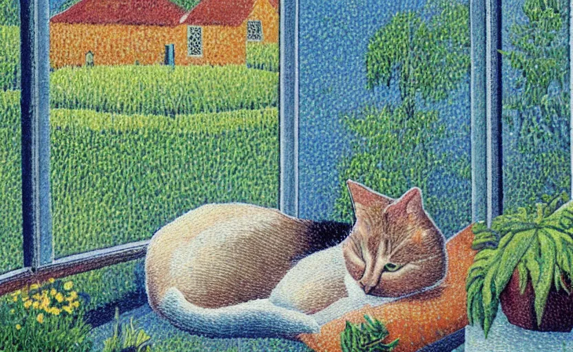 Prompt: sleeping cat on window, inside house in village, plants, divisionism and pointillism style