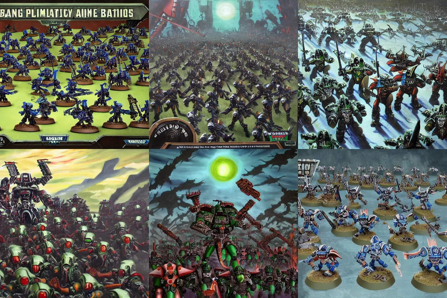 Prompt: epic painting Obama leading an army of Necrons from Warhammer 40k in a climactic battle