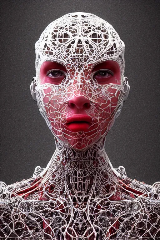 Image similar to a melancholic realistic 8k Sculpture of a complex robotic human face, liquid simulation, bright psychedelic color, dramatic lighting, silver gold red details, hexagonal mesh wire, filigree intricate details, cinematic, fleshy musculature, white blossoms, elegant, octane render, art nouveau, 8k post-processing, intricate art by John Collier and Albert Aublet and Krenz Cushart and Artem Demura and Alphonse Mucha