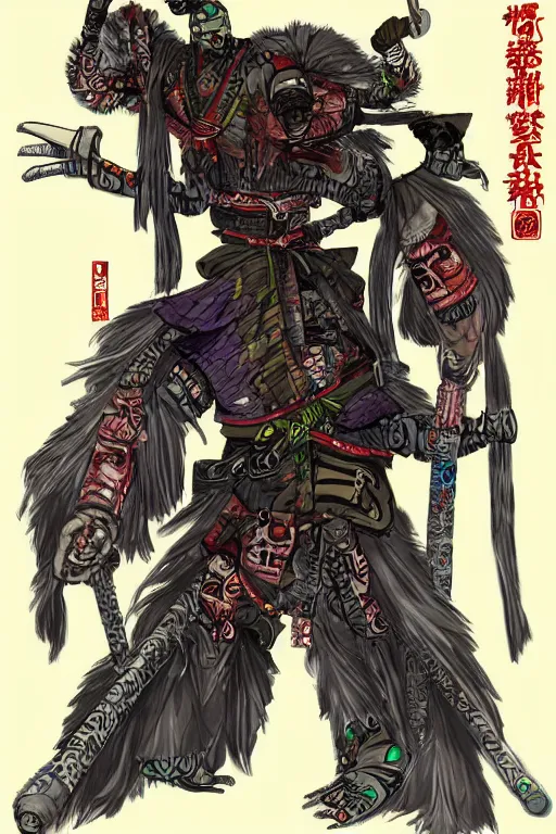 Image similar to samurai yokai cyberpunk kaiju shaman, character concept art