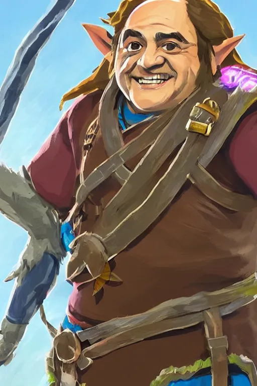 Prompt: an in game portrait of danny devito from the legend of zelda breath of the wild, breath of the wild art style.