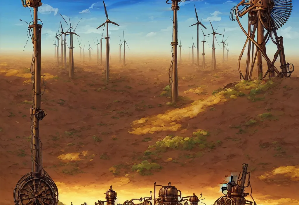 Prompt: steampunk windmills in the desert with chubby vines in the foreground, intricate oil painting, high detail illustration, sharp high detail, manga and anime 1 9 9 9, official fanart behance hd artstation by jesper ejsing and makoto shinkai, 4 k,