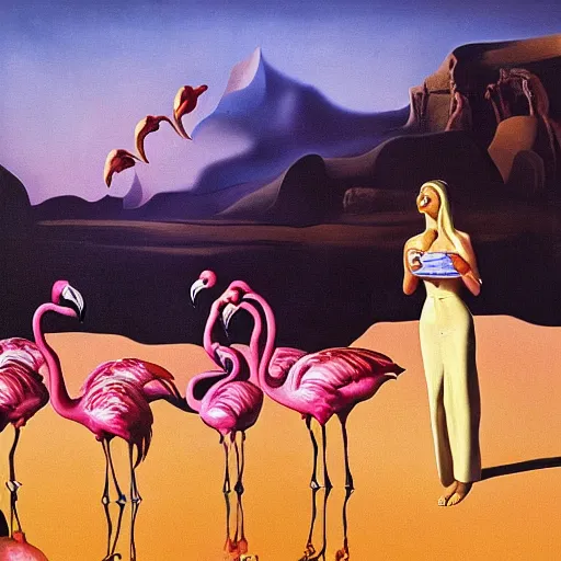 Image similar to A surreal oil painting of a puzzle containing a beautiful woman and Flamingos on a desert beach oasis by Salvador Dali, dark vibes, high contrast, cinematic, depth of field