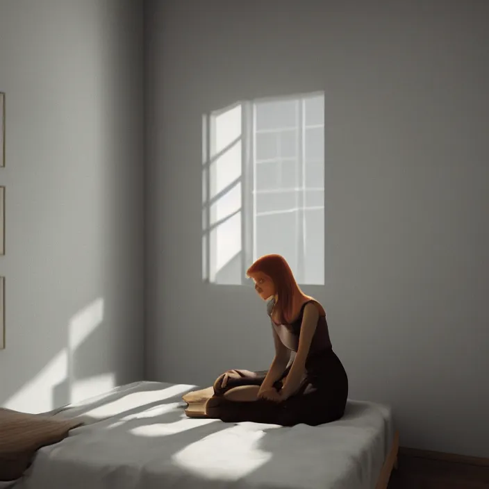 Prompt: a girl in a room with light gray walls sits on a bed, sunset light, edward hopper style. cinematic, hyper realism, high detail, octane render, 8k, iridescent accents