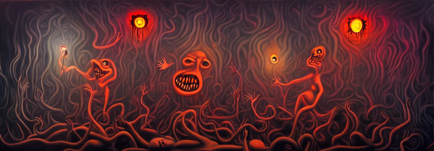 Image similar to visceral freaky obsessive monsters from the darkest depths of collective unconscious, dramatic glowing lighting, 1 9 3 0 s fleischer cartoon characters, wild emotional expressions - surreal painting by ronny khalil