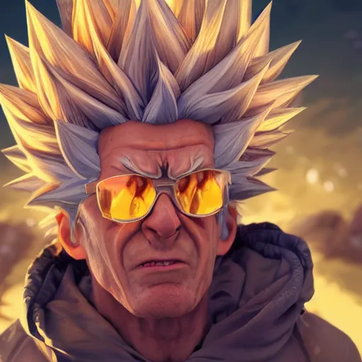 Image similar to rick sanchez going super sayain, au naturel, hyper detailed, digital art, trending in artstation, cinematic lighting, studio quality, smooth render, unreal engine 5 rendered, octane rendered, art style by klimt and nixeu and ian sprigger and wlop and krenz cushart