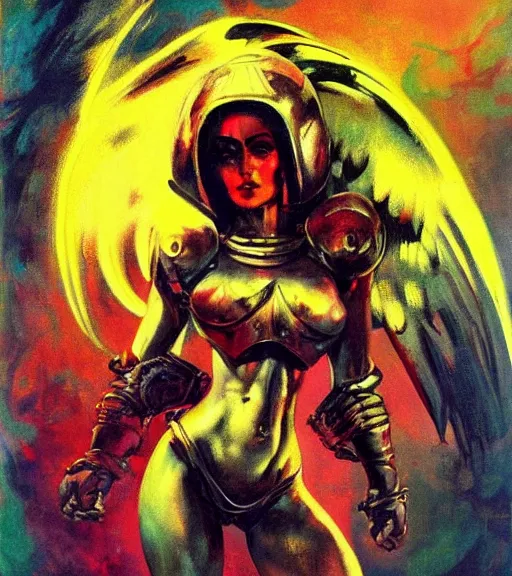 Image similar to portrait of strong iranian female chaos angel, beautiful! coherent! by frank frazetta, by brom, strong line, vivid neon color, shining metal power armor, iron helm, high contrast, maximalist