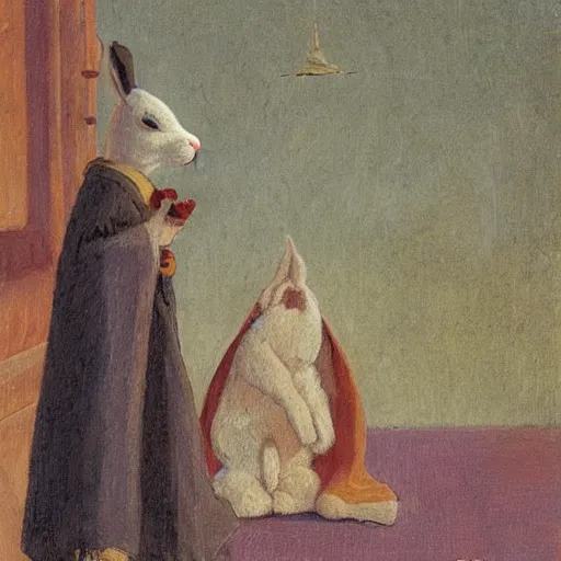 Image similar to a rabbit wearing a simple brown cape, standing next to a small russian wooden church, in the style of ilya repin