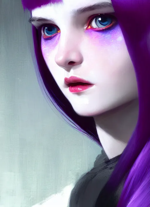 Prompt: portrait of teenage girl with white bangs, red irises, bangs, black and white hair, purple clothes, white bangs, bangs are different color from hair, intricate, elegant, glowing lights, highly detailed, digital painting, artstation, concept art, smooth, sharp focus, illustration, art by wlop, mars ravelo and greg rutkowski