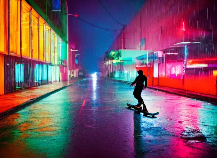 Image similar to a person skateboards through an empty neon town in the rain, colored gel lighting, reflective surfaces, midnight, portra, film grain, reminiscent of blade runner