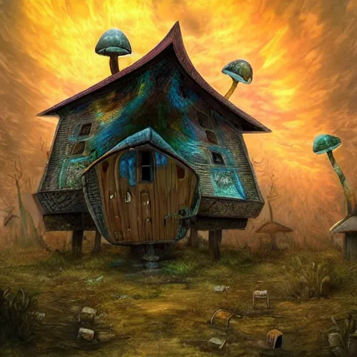 Image similar to psychedelic mushroom houses, post apocalyptic, dark fantasy, liminal space, dark paradise, digital art, 4 k