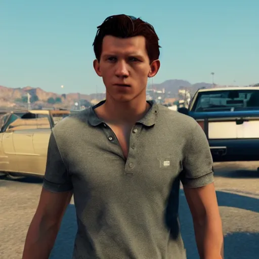 Prompt: in-game screenshot of of Tom Holland in GTA V, 3d render, Unreal Engine, octane render, ray tracing, Unity, highly detailed, high quality, HD, 4k, 8k, realistic, sharp, trending