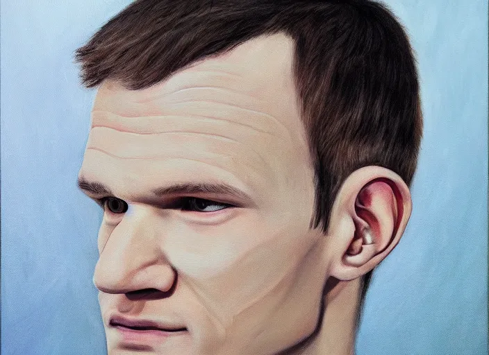 Image similar to vitalik buterin in headphones. vitalik buterin, medium shot, perfect symmetric face, coherent eyes, fine details., 4 k, hans zatska, oil paint