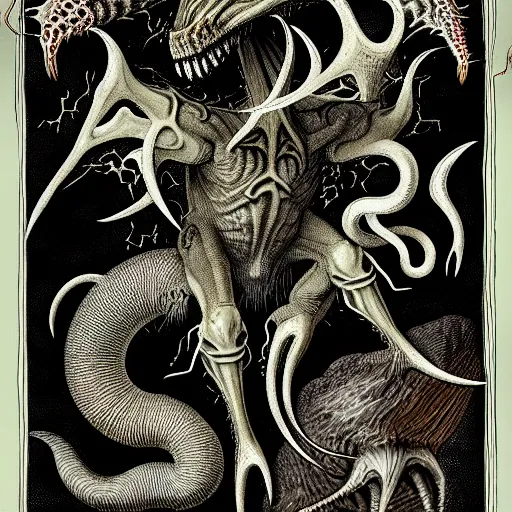 Image similar to bestiary of creatures from the depths of the unconscious psyche