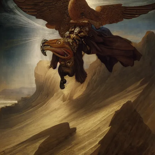 Image similar to masterpiece desert eagle soaring over medieval cunning unholy artifacts, by Edgar Maxence and Ross Tran and Michael Whelan and Da Vinci and Caravaggio and J.M.W Turner and Brueghel intricate line drawings, unknwon intercession, detailed and beautiful intricate faces, 4k resolution