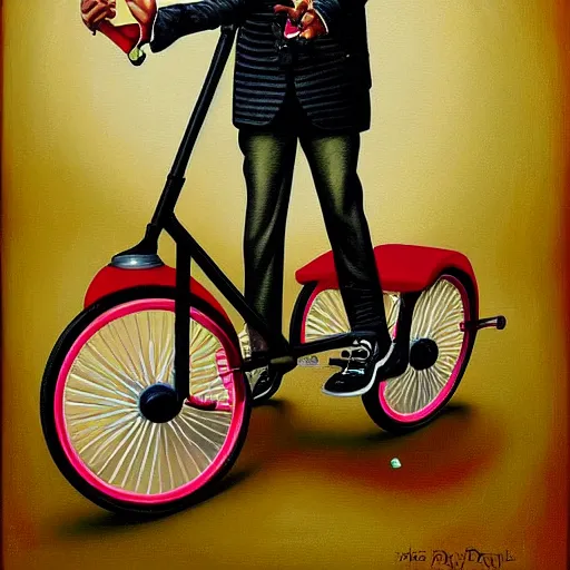 Image similar to Snoop Dogg on a tricycle, lowbrow painting by Mark Ryden