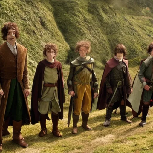 Image similar to Mr Bean as one of the members of the fellowship of the ring with hobbits, elves, and humans in armor, movie still, 4k