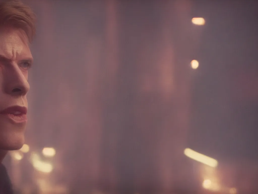 Image similar to young David Bowie, close-up, film still from Blade Runner 2049, beautiful lighting, raining, neon lights, cinematic, depth, ultra-sharp details