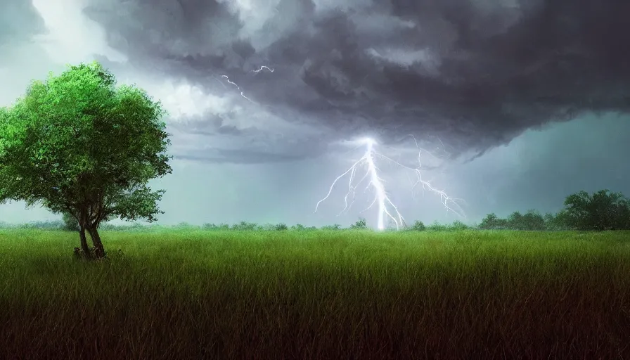 Prompt: Lightning strike a tree in a middle of a green field during a storm, hyperdetailed, artstation, cgsociety, 8k