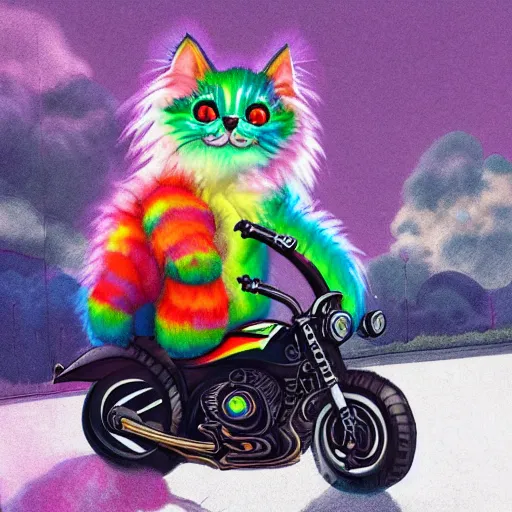 Image similar to wide angle full body, jacket wearing fluffy cute rainbow kitten wearing a black leather motorcycle jacket, riding on a motorcycle, cinematic concept art