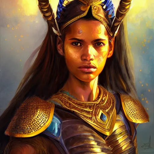 Image similar to highly detailed painting of a warrior goddess with maldivian, tan skin, blue eyes, golden armor with cape and brown hair high fantasy art by jon foster trending on arstation