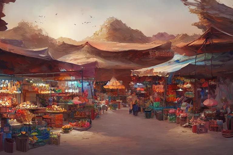 Image similar to a beautiful painting of a desert market, Feng Zhu, digital art, artstation