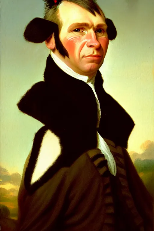 Image similar to a head and shoulders portrait painting of an anthropomorphic!!!!!!!!!! donkey!!!!!!!!!! wearing a colonial outfit without a hat looking off camera, a character portrait, american romanticism, oil on canvas, soft focus