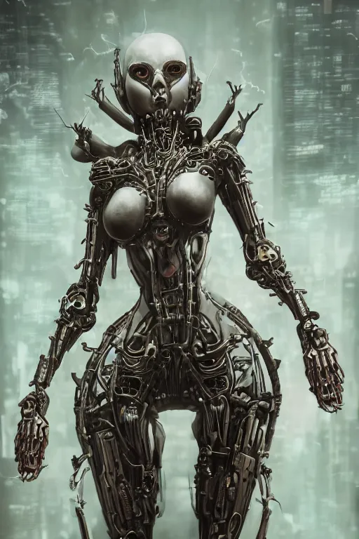 Prompt: ultra realist and ultra intricate detailed soft painting of an beautiful armored arachne female biomechanical body, symmetry features, sensual gloomy style, volumetric clouds, cyberpunk background, artstation, unreal render, depth of field