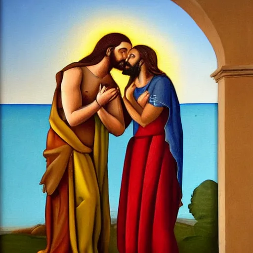 Image similar to 1 8 th oil panting of a jesus kissing a woman